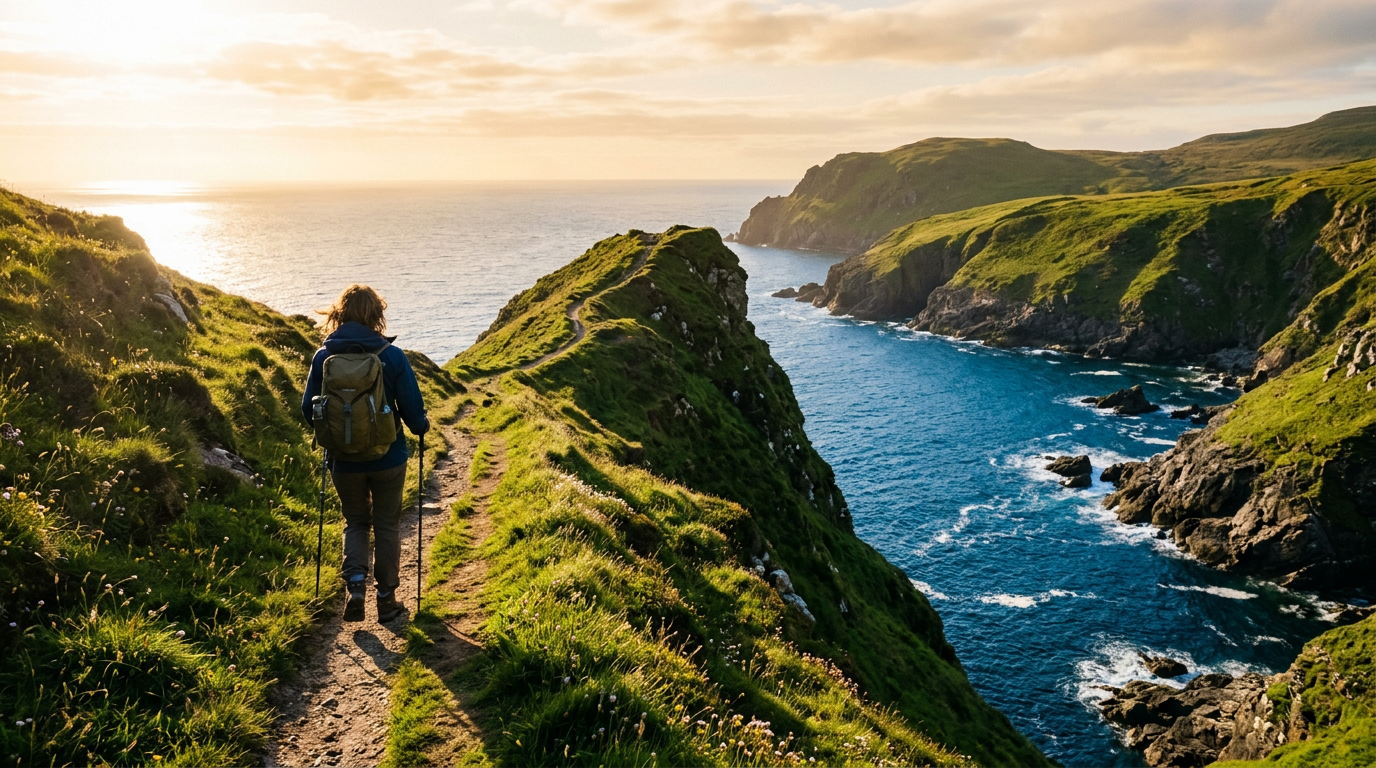 A walker with a backpack on a coastal cliff path at sunrise. Generated sample picture.