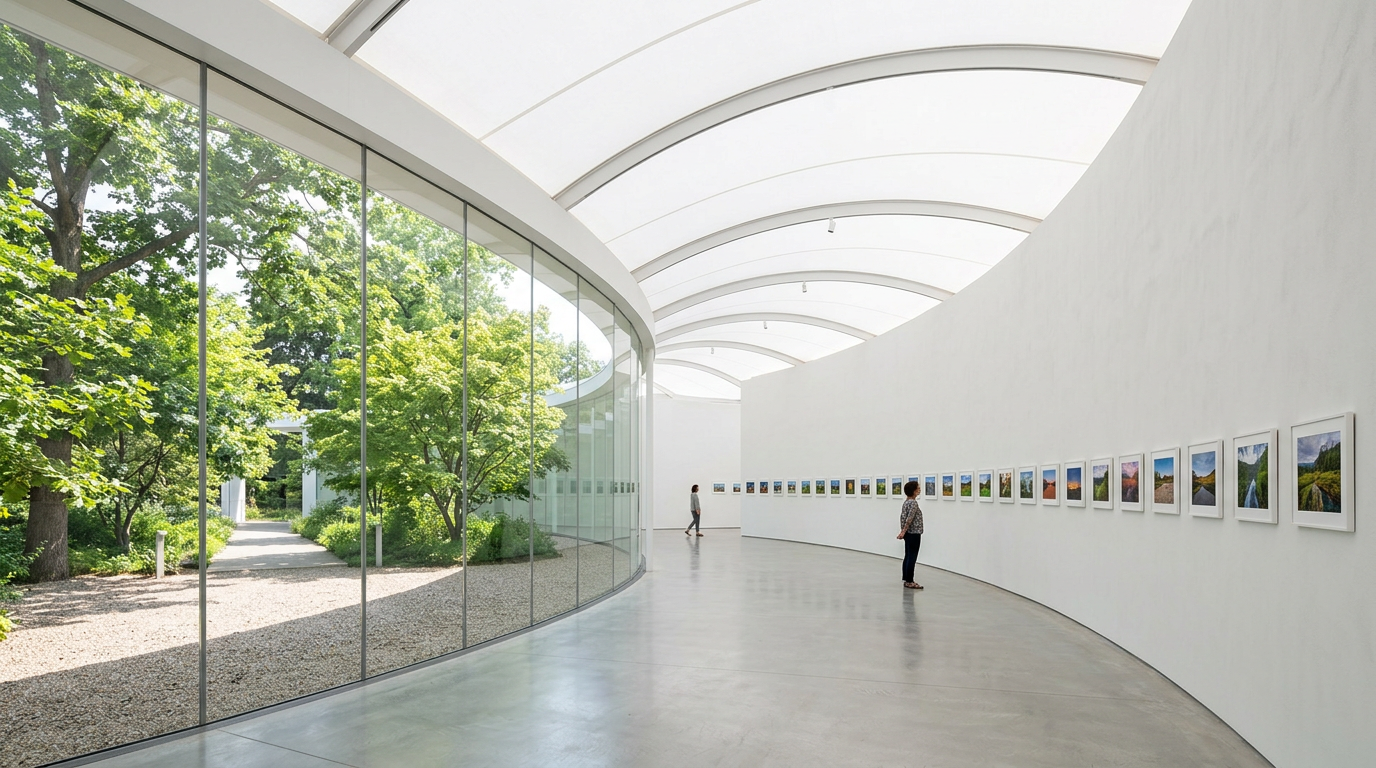 A curved white gallery with a glass wall onto a garden, framed landscape photographs hung in a long row, and two visitors looking. Generated sample picture.