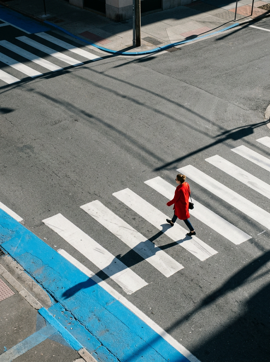 A woman in a red coat crossing a zebra crossing, seen from above. Generated sample picture.