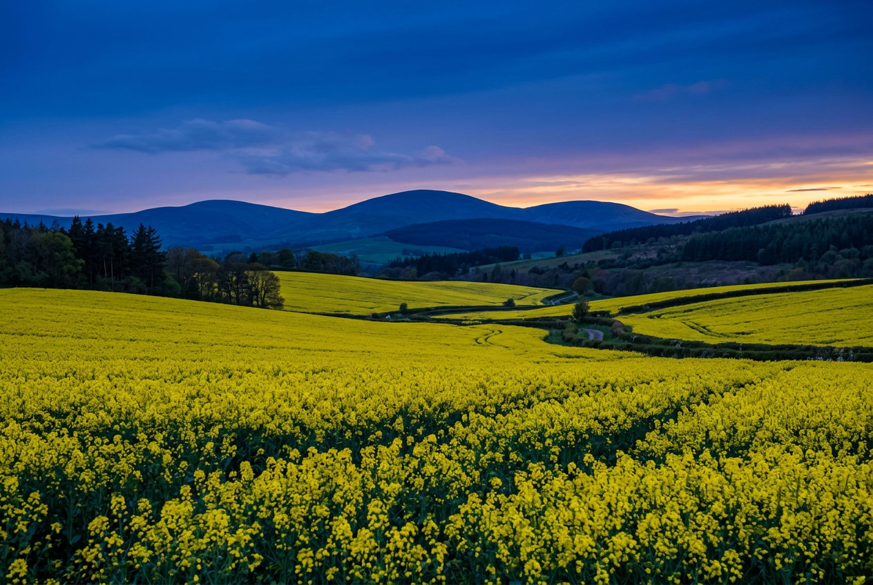 Rapeseed fields in bloom under a blue dusk sky with low hills. Generated sample picture.