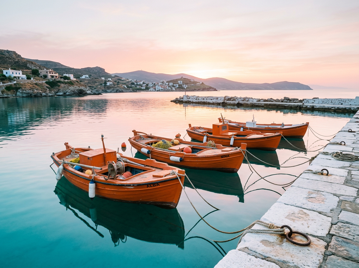 Orange fishing boats moored in a calm harbour at pink dawn. Generated sample picture.