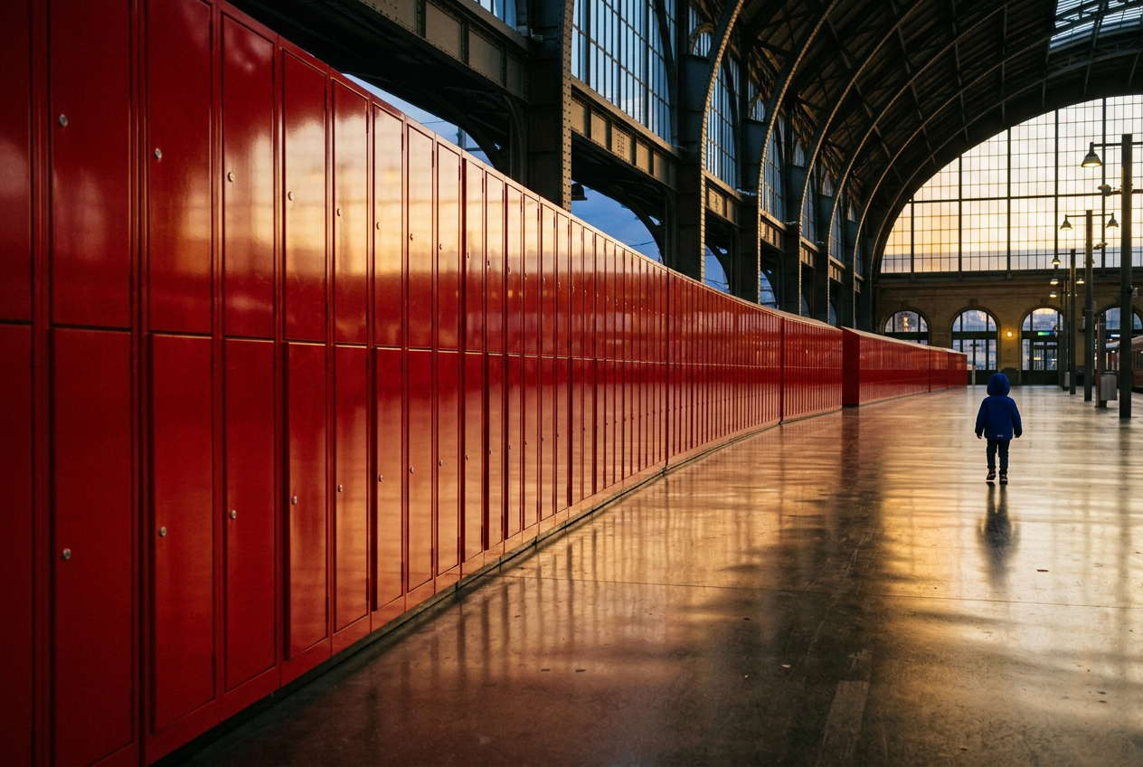 A long red locker wall in a station hall with a small figure in blue walking away. Generated sample picture.
