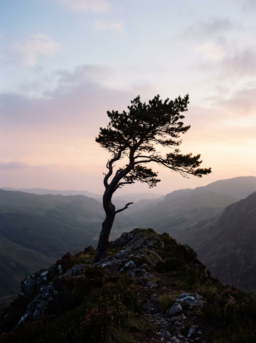 A lone windswept pine on a ridge at dusk above misty valleys. Generated sample picture.