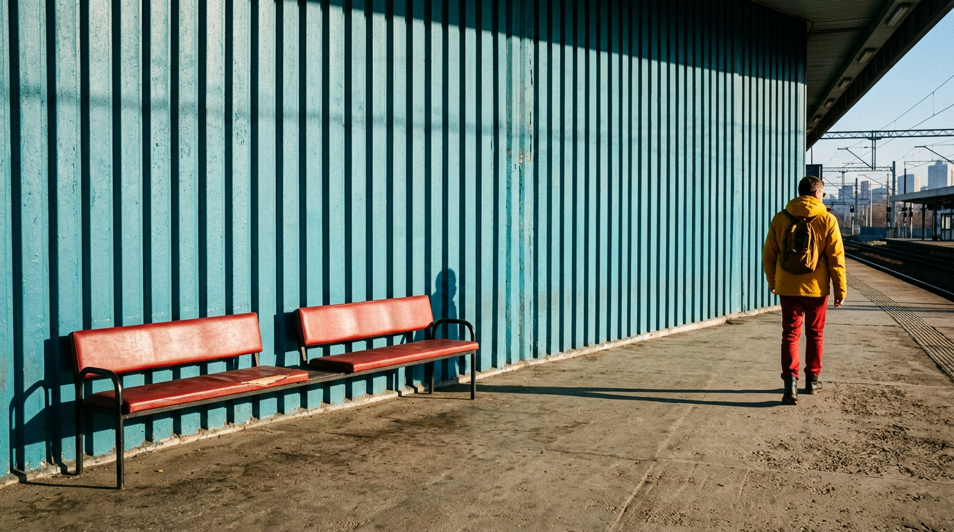 A teal corrugated station wall with two red benches and a walker in a yellow jacket. Generated sample picture.