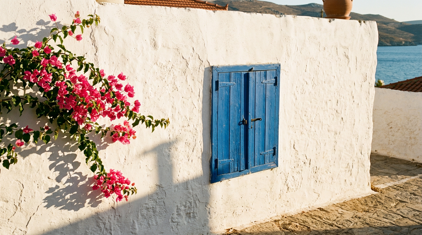 A white wall with a blue shutter and pink bougainvillea in low sun. Generated sample picture.